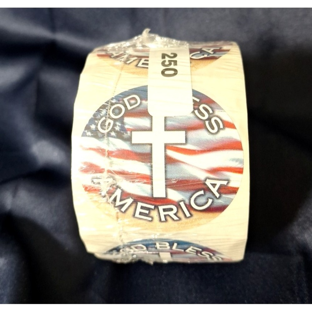 God Bless America Cross Flag Sticker Roll‎ 250 Count Sealed Christian Patriotic